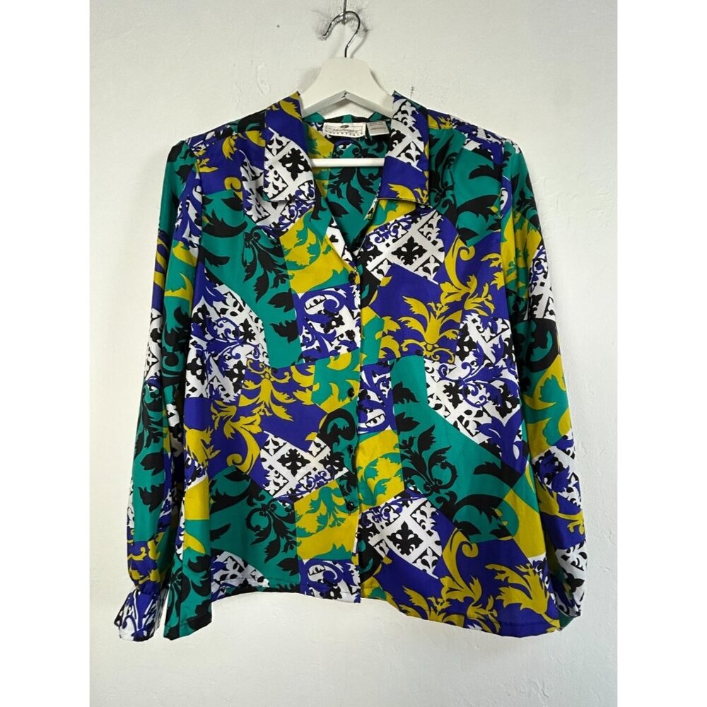 Worthington Essentials Women's Button Down Long Sleeve Top Geo Print Size 12